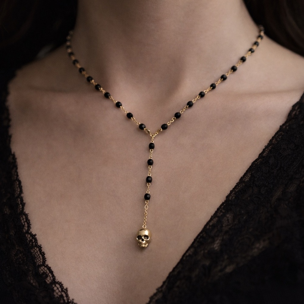 Gold filled and Black onyx Skull Pendant lariat Necklace